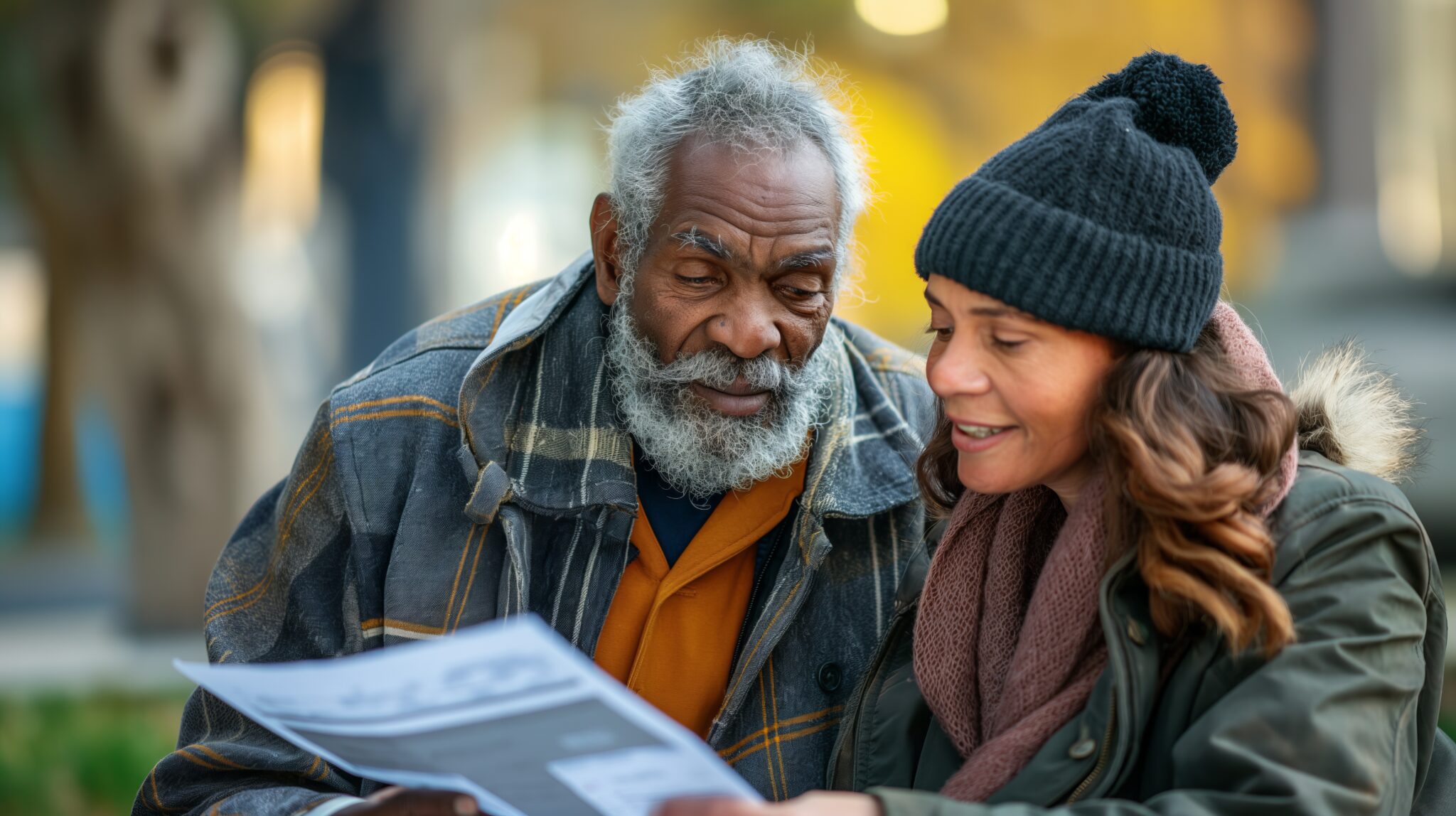 Image of a woman showing an unhoused man a brochure on homeless services at Aurora Mental Health & Recovery.